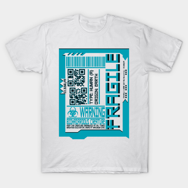 CYAN FRAGILE Cyberpunk Inspired Human Shipping Label T-Shirt by Zeroeroroo